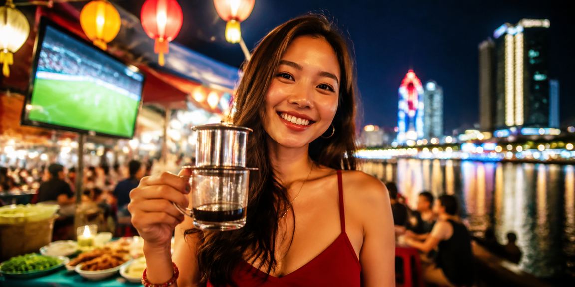 Fan bóng đá tại Quy Nhơn theo dõi kết quả và đặt cược trên điện thoại bên tách cà phê
